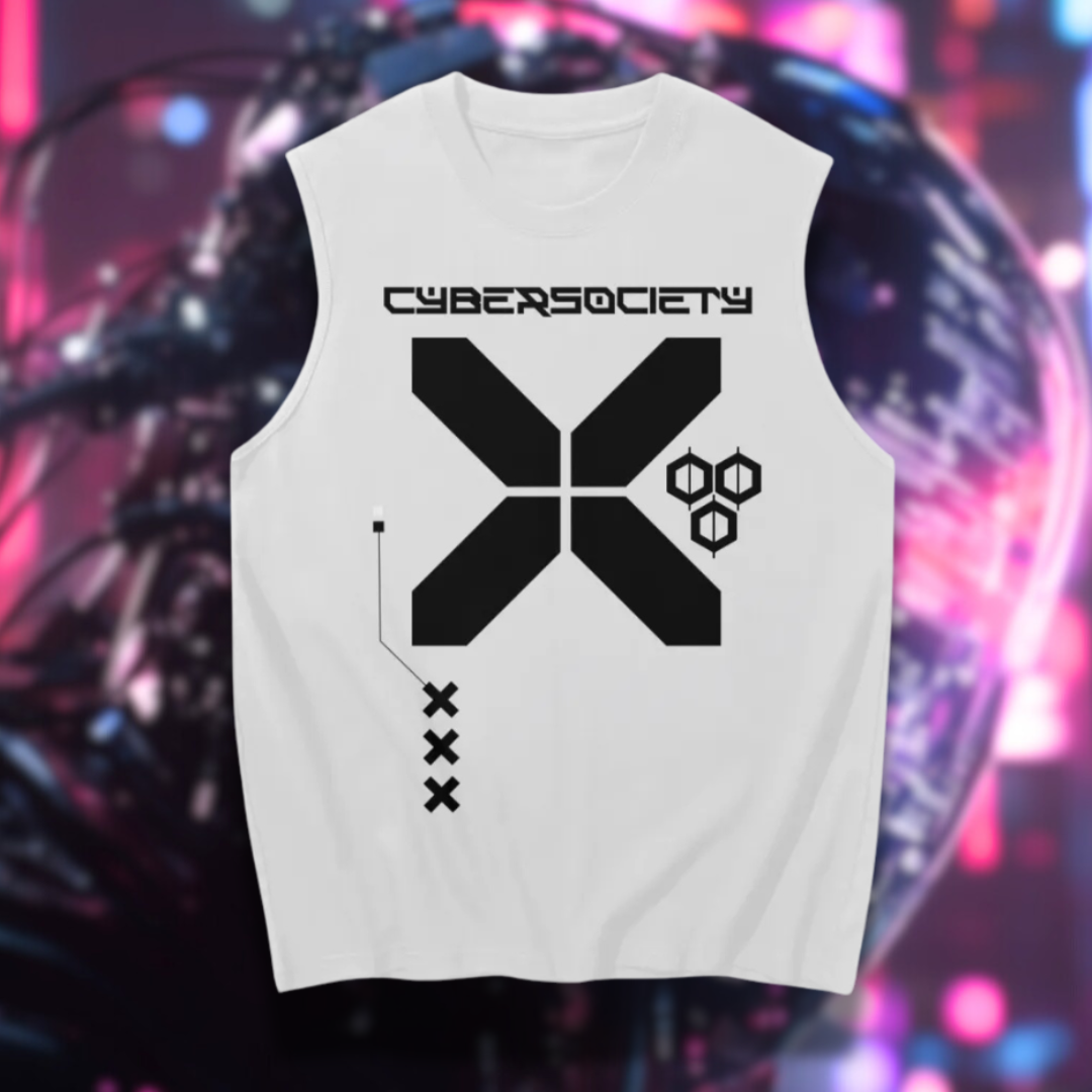 Front of X_Factor Tank Top by CyberSociety – Cyberpunk techwear design with glitchcore symbols in black on white cotton