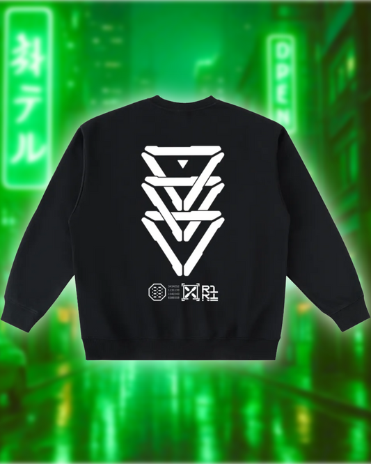 Black sweatshirt with white geometric design on a green neon background