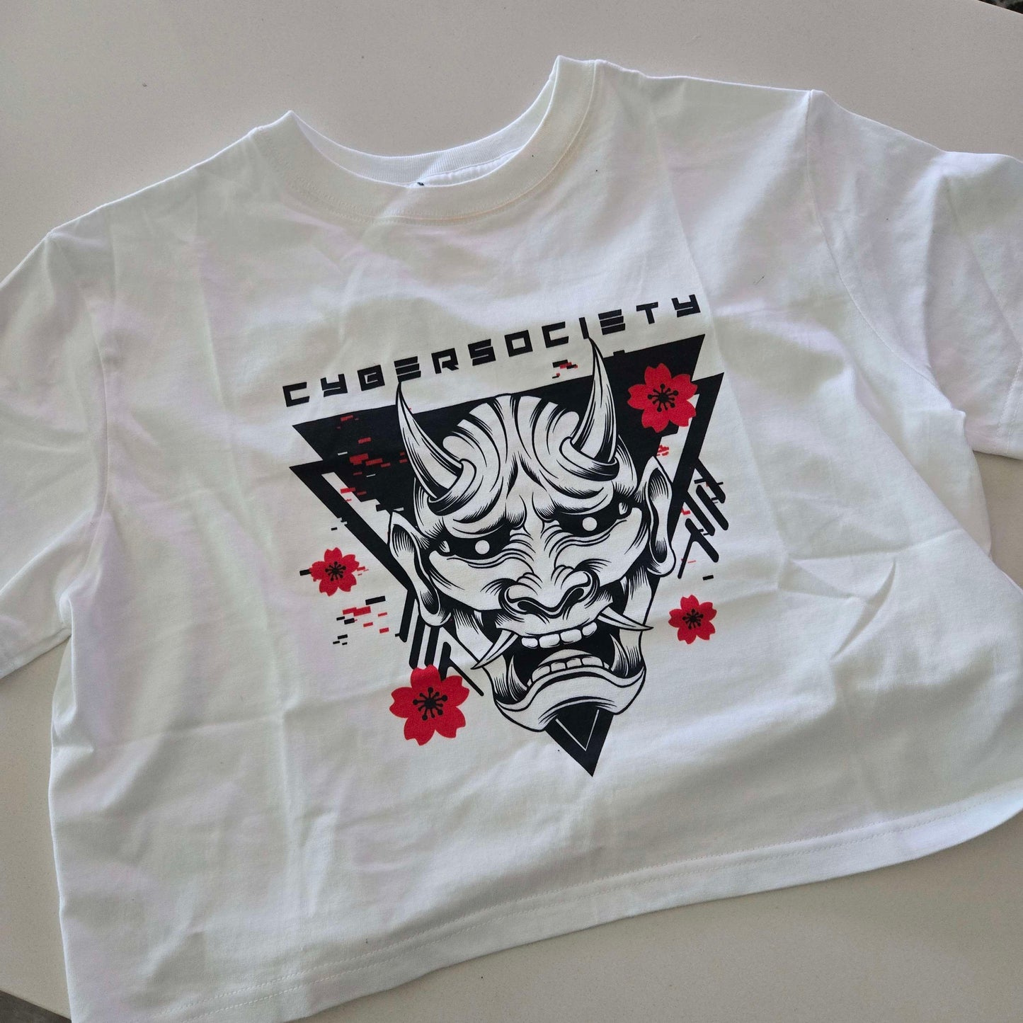 Cherry ON1 | White Techwear Baby Tee - CYBERSOCIETY