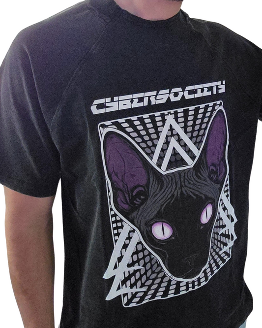 Glitchcore Cat | Dystopian Washed Black Tee - CYBERSOCIETY