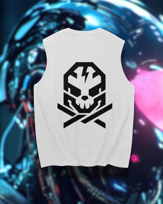 Back of X_Factor Tank Top by CyberSociety – Black skull and lightning bolt graphic on white sleeveless streetwear shirt