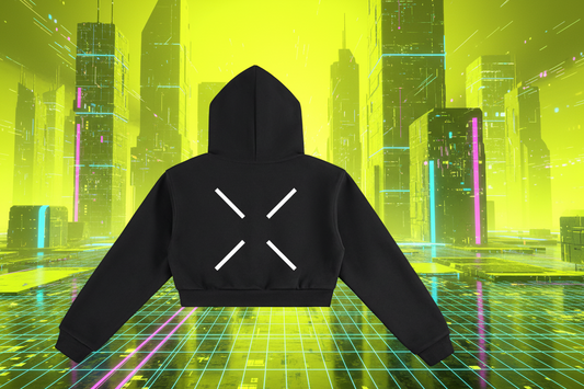 Black cyberpunk hoodie with a white x graphic