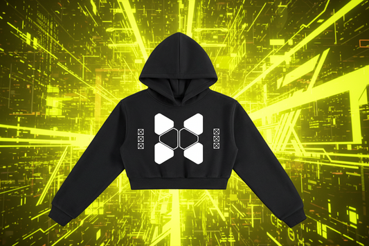 Black hoodie with geometric white design on a white background