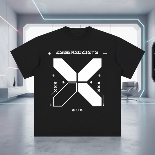 Black t-shirt with white graphic design and 'Cybersociety' text on a white background
