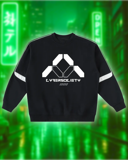 Black sweatshirt with white techwear style design and text on a green digital background