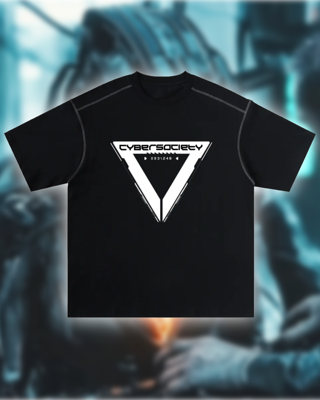 Black t-shirt with 'Cybersociety' logo on a blurred background