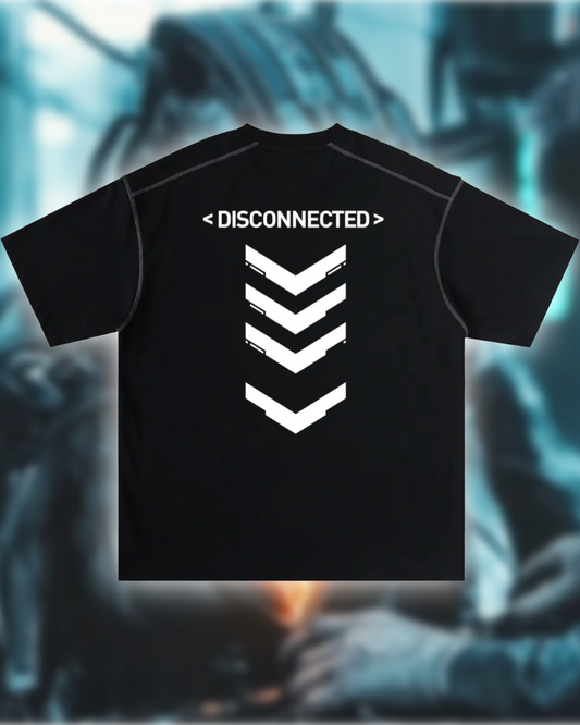 Black t-shirt with 'DISCONNECTED' text and white chevron design on a blurred background