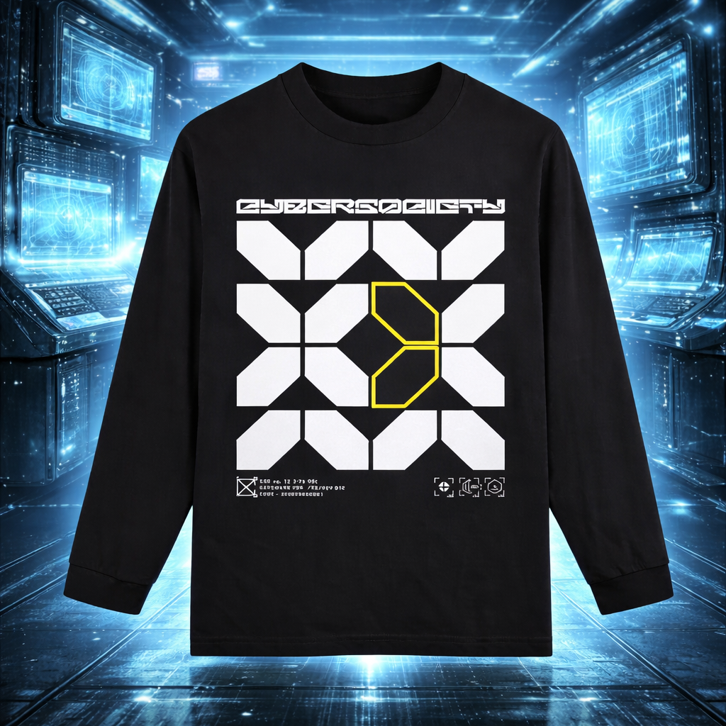 Black sweatshirt with geometric design on a futuristic background