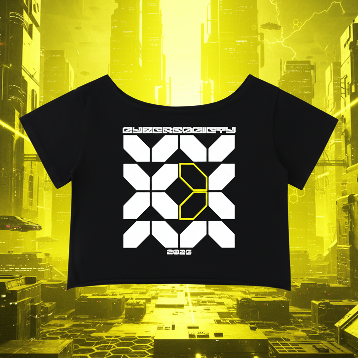 Black crop top with geometric design and text on a white background