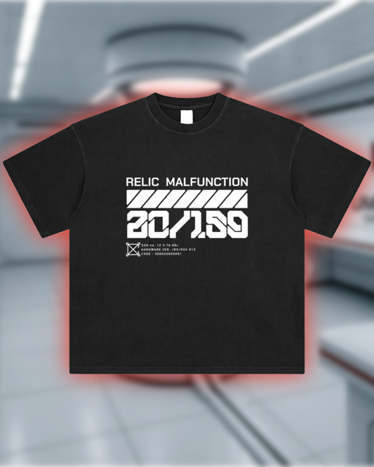 Black t-shirt with white text and graphics on a futuristic background